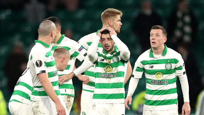 GLASGOW, SCOTLAND - FEBRUARY 27: Greg Taylor of Celtic reacts at full-time during the UEFA Europa League round of 32 second leg match between Celtic FC and FC Kobenhavn at Celtic Park on February 27, 2020 in Glasgow, United Kingdom. (Photo by Ian MacNicol/Getty Images) 