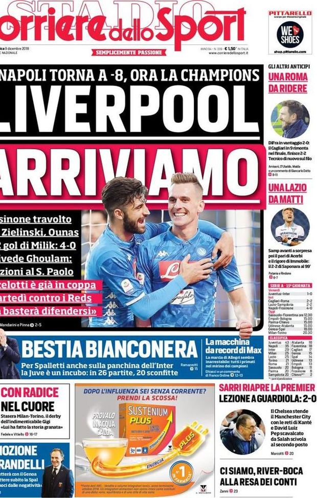 Prima Pagina, Corriere dello Sport: “Liverpool arriviamo. Bestia bianconera. Roma da ridere, Lazio da matti. Sarri…” Prima Pagina, Corriere dello Sport: “Liverpool arriviamo. Bestia bianconera. Roma da ridere, Lazio da matti. Sarri…”
