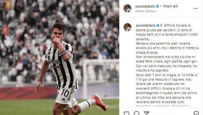 Juventus, il saluto di Dybala su Instagram: “7 anni di magia, con voi sono cresciuto”  Dybala