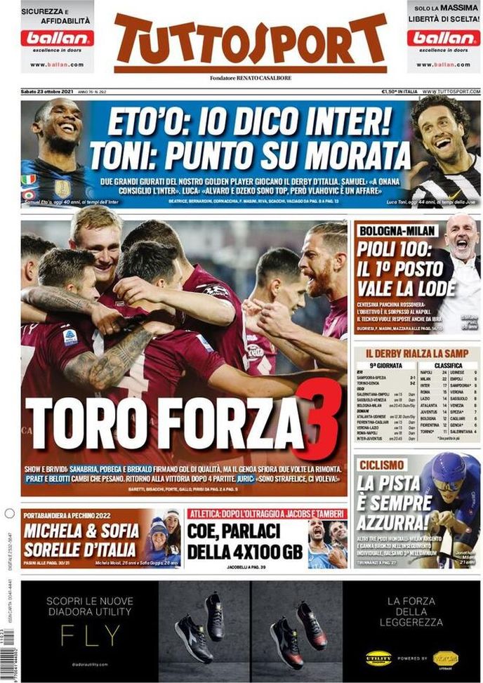 Prima Pagina, Tuttosport: “Toro forza 3! Pioli 100, il primo posto vale la lode”  Prima Pagina, Tuttosport: “Toro forza 3! Pioli 100, il primo posto vale la lode” - immagine 1