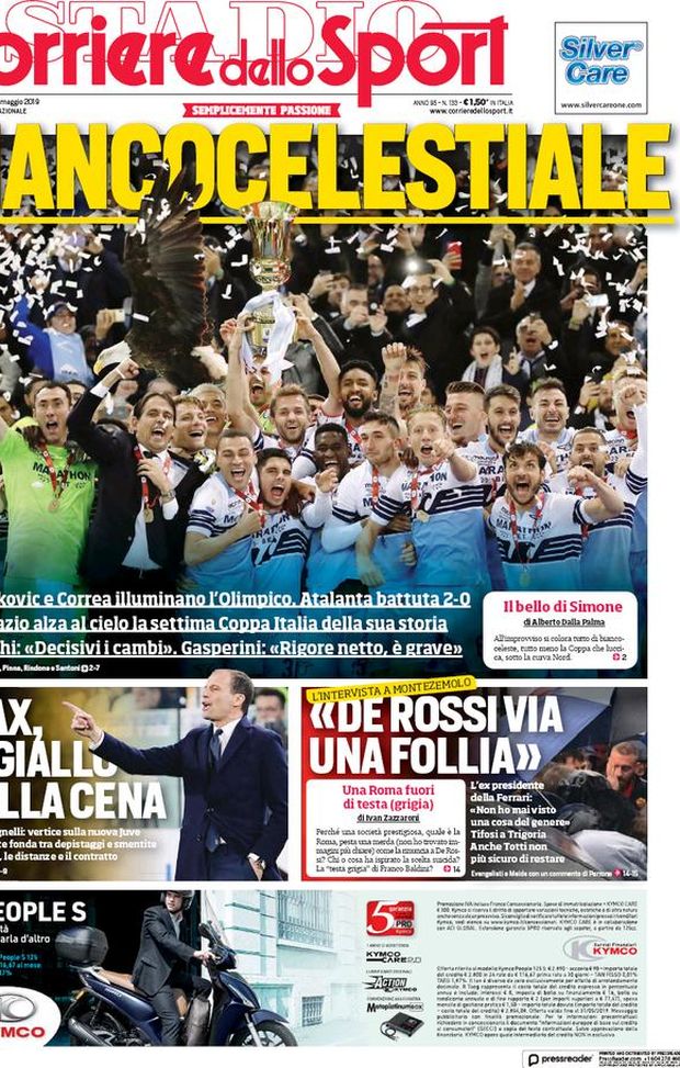 Prima Pagina, Corriere dello Sport: “Biancocelestiale. Max, il giallo della cena. De Rossi via una follia” Prima Pagina, Corriere dello Sport: “Biancocelestiale. Max, il giallo della cena. De Rossi via una follia”