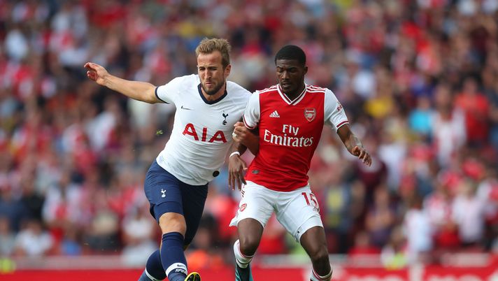 LONDON, ENGLAND - SEPTEMBER 01: Harry Kane of Tottenham Hotspur and Ainsley Maitland Niles of Arsenal in action during the Premier League match between Arsenal FC and Tottenham Hotspur at Emirates Stadium on September 01, 2019 in London, United Kingdom. (Photo by Catherine Ivill/Getty Images) LONDON, ENGLAND - SEPTEMBER 01: Harry Kane of Tottenham Hotspur and Ainsley Maitland Niles of Arsenal in action during the Premier League match between Arsenal FC and Tottenham Hotspur at Emirates Stadium on September 01, 2019 in London, United Kingdom. (Photo by Catherine Ivill/Getty Images)