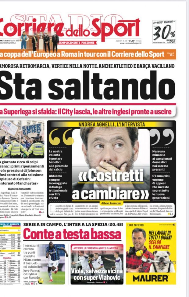 Prima Pagina, Corriere dello Sport: “Sta saltando, la Superlega si sfalda. Conte a testa bassa” 