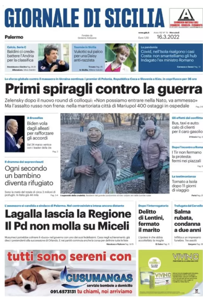 Prima Pagina, Giornale di Sicilia: “Primi spiragli contro la guerra” prima pagina