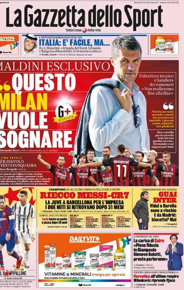  Gazzetta dello Sport, la prima pagina di oggi, martedì 8 dicembre 2020 