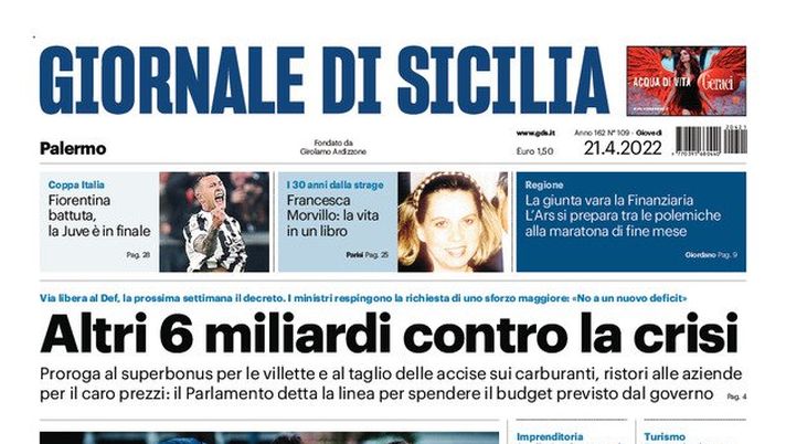 Prima Pagina, Giornale di Sicilia: “Altri 6 miliardi contro la crisi” - immagine 1