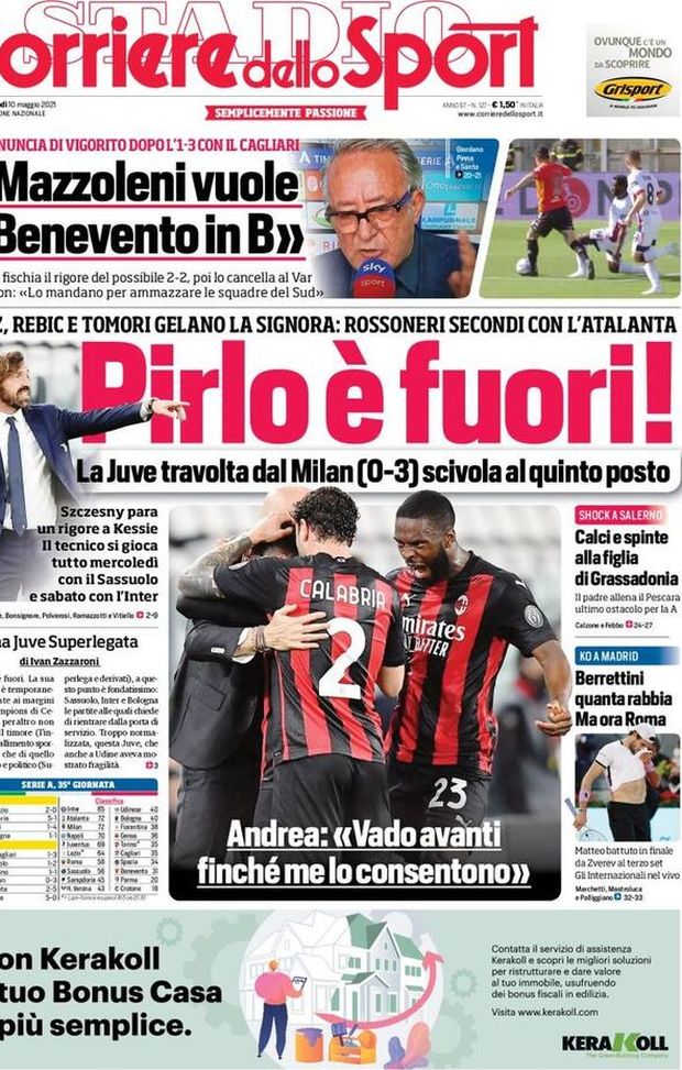 Prima Pagina, Corriere dello Sport: “Pirlo è fuori! Mazzoleni vuole il Benevento in B” Prima Pagina, Corriere dello Sport: “Pirlo è fuori! Mazzoleni vuole il Benevento in B”