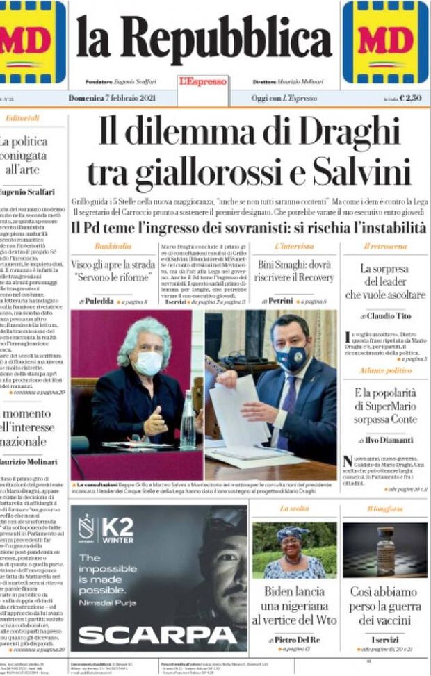 Prima Pagina, La Repubblica: &#8220;Il dilemma di Draghi, tra giallorossi e Salvini. Il PD teme i sovranisti&#8221; 