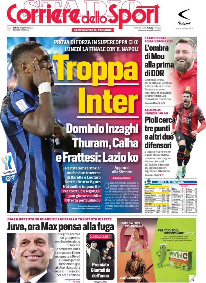 Il Corriere dello Sport, la prima pagina di oggi, sabato 20 gennaio 2024