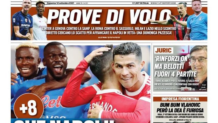 Prima Pagina, Tuttosport: “Che Napoli! Juve, CR7 dove sei? Prove di volo”  Prima Pagina, Tuttosport: “Che Napoli! Juve, CR7 dove sei? Prove di volo”