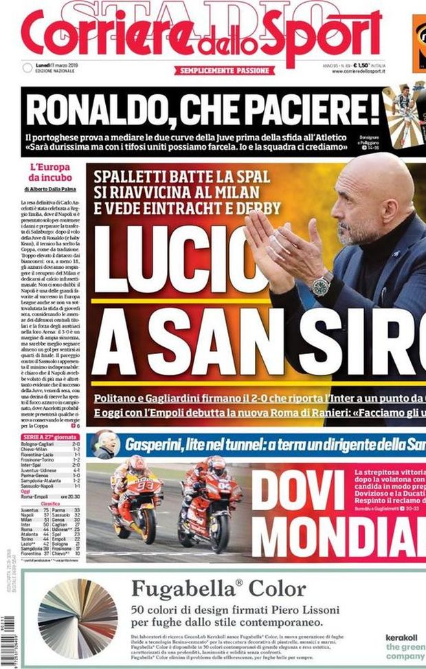 Prima Pagina, Corriere dello Sport: “Lucio a San Siro. Ronaldo, che paciere! Gasperini, lite nel tunnel…” Prima Pagina, Corriere dello Sport: “Lucio a San Siro. Ronaldo, che paciere! Gasperini, lite nel tunnel…”