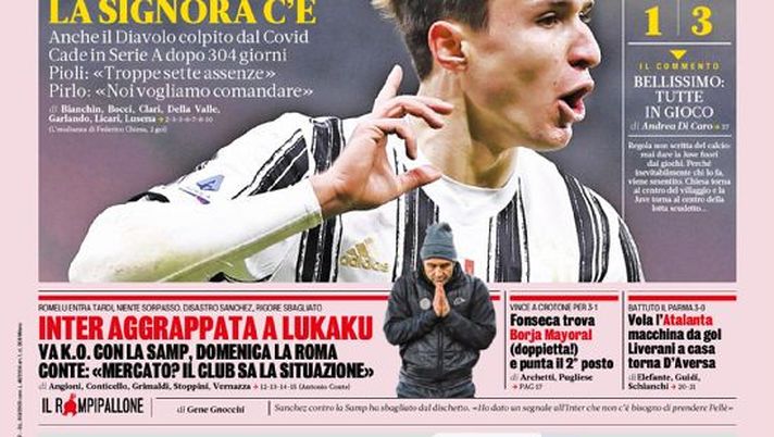 Prima Pagina, La Gazzetta dello Sport: “Senti che Juve. Corsa scudetto: la Signora c’è. Inter aggrappata a Lukaku” 