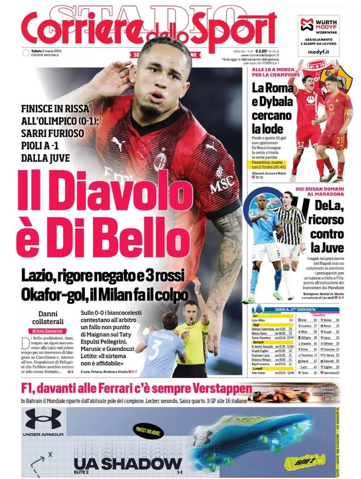 EDICOLA CDS – Il Diavolo è Di Bello: Sarri furioso, Pioli a -1 dalla Juve - immagine 1
