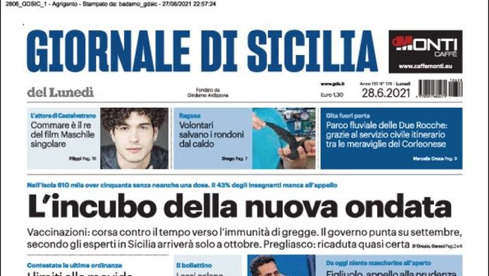 Prima Pagina, Giornale di Sicilia: “L’incubo della nuova ondata”  Prima Pagina, Giornale di Sicilia: “L’incubo della nuova ondata”