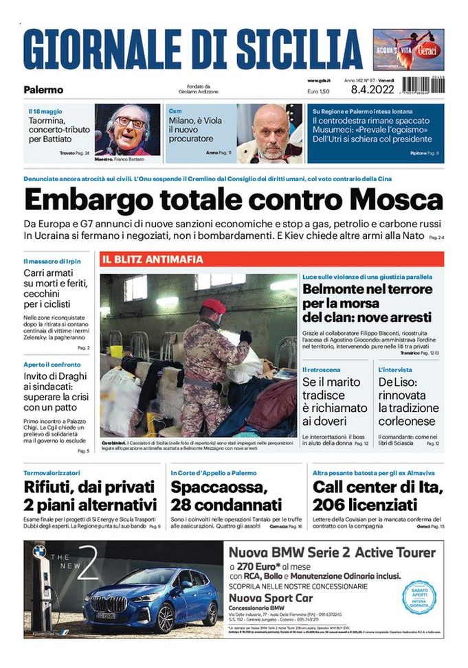 Prima Pagina, Giornale di Sicilia: “Embargo totale contro Mosca”  Prima Pagina, Giornale di Sicilia: “Embargo totale contro Mosca” - immagine 1