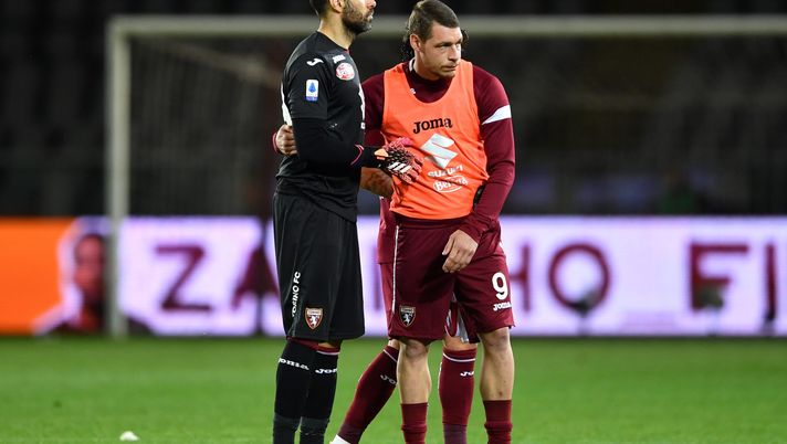 TURIN, ITALY - MAY 12: Salvatore Sirigu and Andrea Belotti of Torino FC interact after the Serie A match between Torino FC and AC Milan at Stadio Olimpico di Torino on May 12, 2021 in Turin, Italy. Sporting stadiums around Italy remain under strict restrictions due to the Coronavirus Pandemic as Government social distancing laws prohibit fans inside venues resulting in games being played behind closed doors. (Photo by Valerio Pennicino/Getty Images) TURIN, ITALY - MAY 12: Salvatore Sirigu and Andrea Belotti of Torino FC interact after the Serie A match between Torino FC and AC Milan at Stadio Olimpico di Torino on May 12, 2021 in Turin, Italy. Sporting stadiums around Italy remain under strict restrictions due to the Coronavirus Pandemic as Government social distancing laws prohibit fans inside venues resulting in games being played behind closed doors. (Photo by Valerio Pennicino/Getty Images)