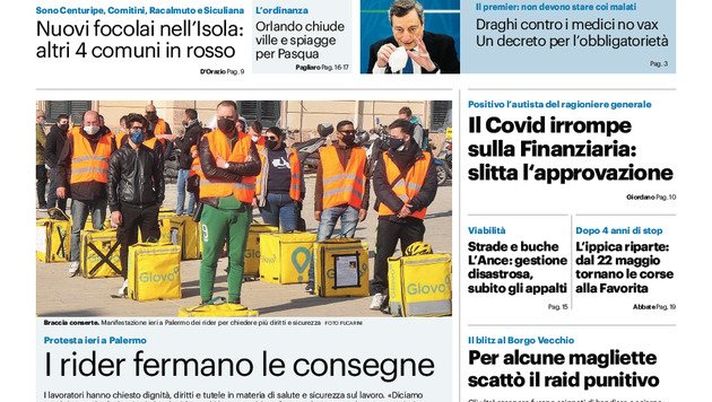 Prima Pagina, Giornale di Sicilia: “Una fiera bunker per i vaccini. Nuovi focolai, altri comuni in rosso” 