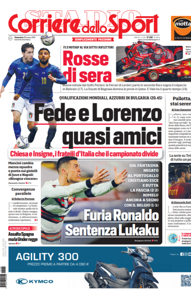 Prima Pagina, Corriere dello Sport: “Fede e Lorenzo quasi amici. Furia Ronaldo, sentenza Lukaku” 