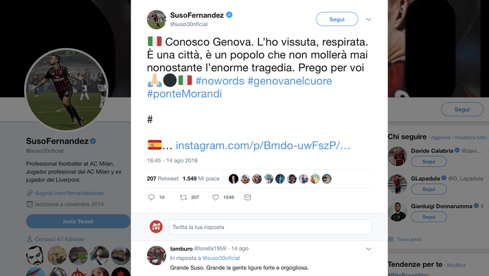 Ponte Genova, Suso su Twitter: “Genova popolo che non mollerà mai nonostante enorme tragedia. Prego per voi” 