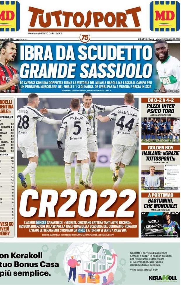 Tuttosport, la prima pagina di oggi, lunedì 23 novembre 2020 