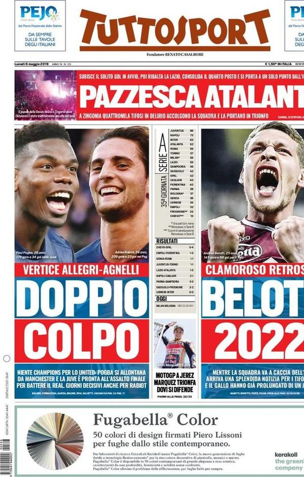 Prima Pagina, Tuttosport: “Doppio colpo. Belotti 2022! Pazzesca Atalanta!” 