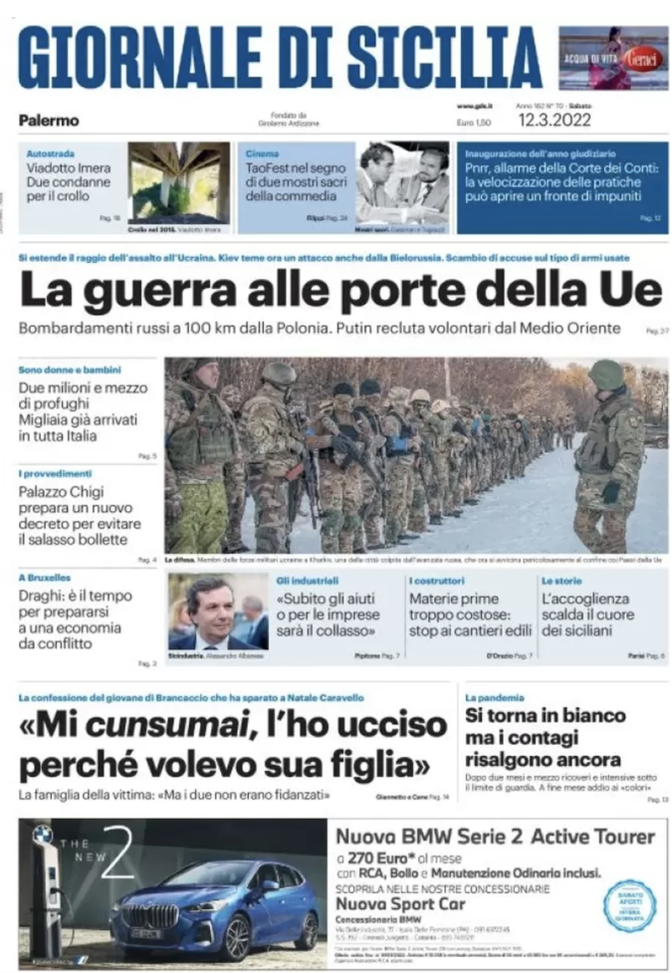 Prima Pagina, Giornale di Sicilia: “La guerra alle porte della Ue” prima pagina