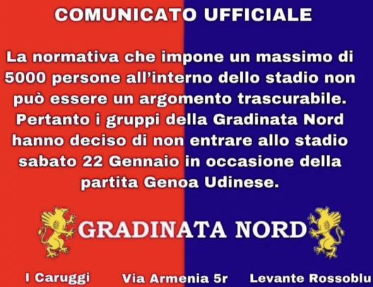 Genoa-Udinese, la Nord sciopera per le regole anti-Covid- immagine 2
