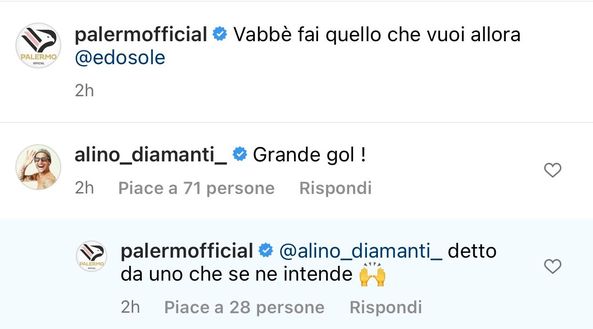 Palermo, l’ex rosanero Diamanti fa i complimenti a Soleri su Instagram: “Grande gol!”- immagine 2