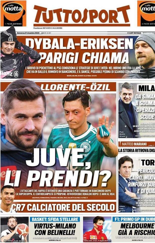  Tuttosport, la prima pagina di oggi, domenica 27 dicembre 2020 