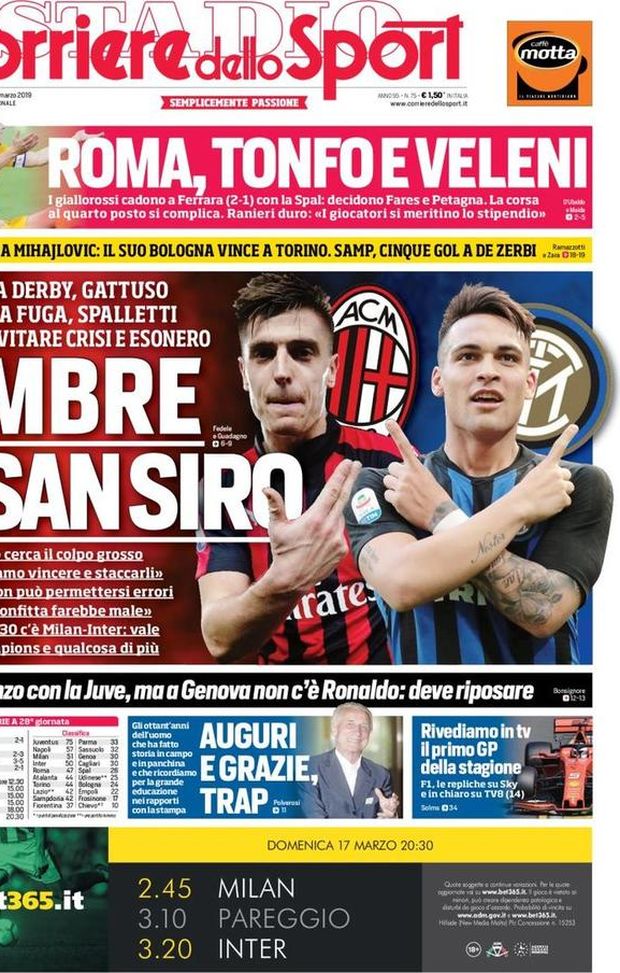 Prima Pagina, Corriere dello Sport: “Ombre a San Siro. Roma, tonfo e veleni. Auguri e grazie, Trap” Prima Pagina, Corriere dello Sport: “Ombre a San Siro. Roma, tonfo e veleni. Auguri e grazie, Trap”