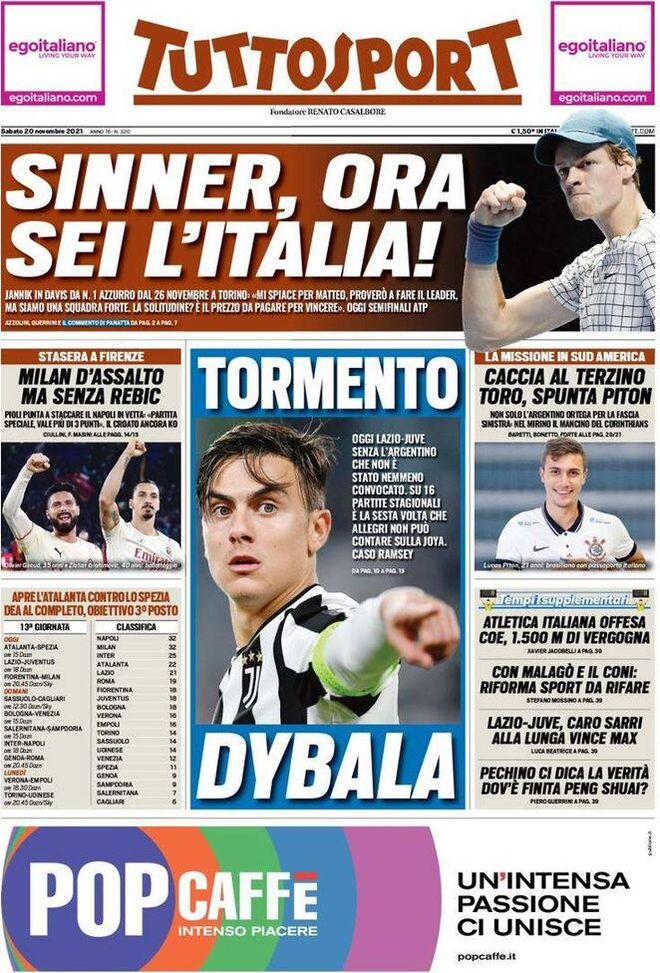 Prima Pagina, Tuttosport: “Tormento Dybala. Sinner, ora sei l’Italia!” Prima Pagina