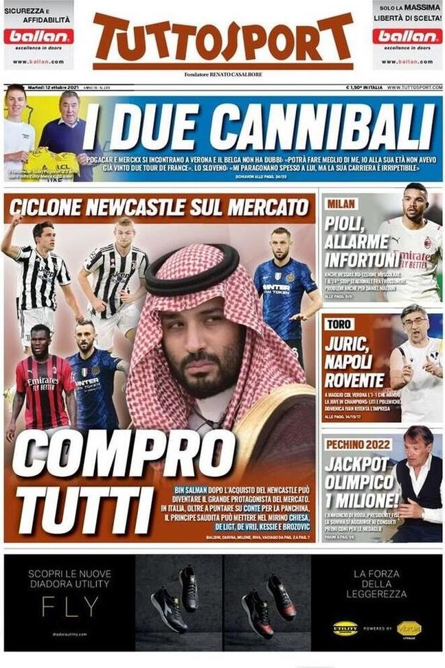 Prima Pagina, Tuttosport: “Ciclone Newcastle sul mercato. Pioli allarme infortuni”  Prima Pagina