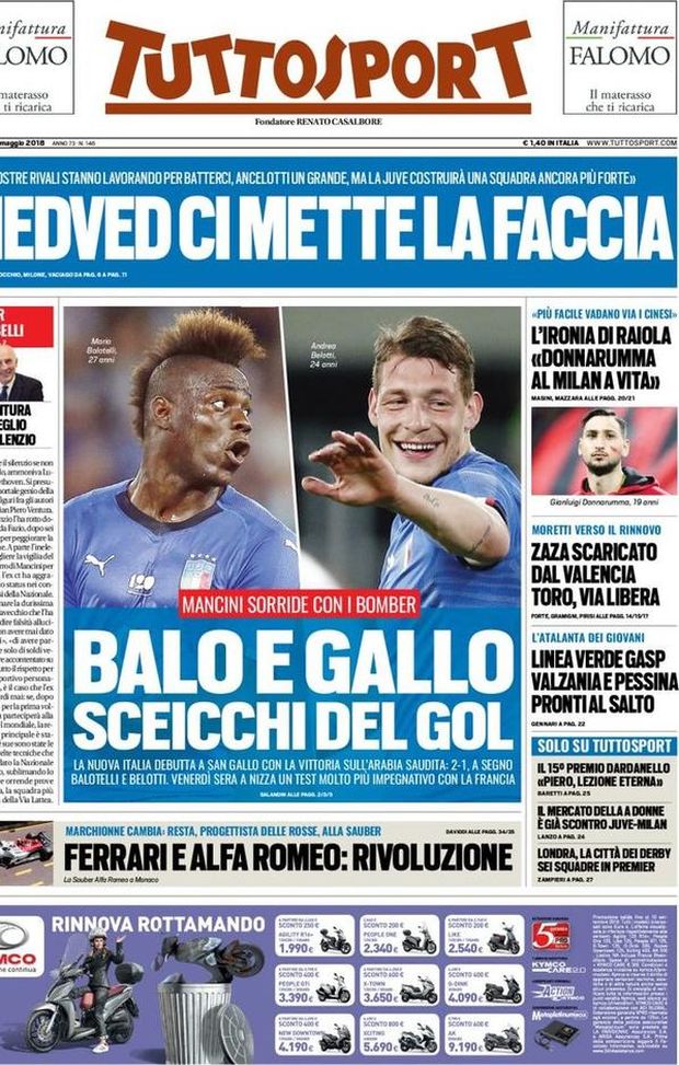 Prima Pagina, Tuttosport: “Balo e Gallo sceicchi del gol. Nedved ci mette la faccia. L’ironia di Raiola…” Prima Pagina, Tuttosport: “Balo e Gallo sceicchi del gol. Nedved ci mette la faccia. L’ironia di Raiola…”