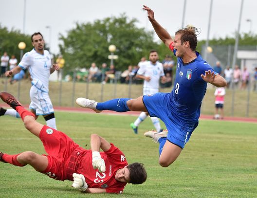 MISANO ADRIATICO, ITALY - AUGUST 08: Matteo Zavoli of San Marino U20 and Gabriele Gori of Italy U20 in action during the International Friendly match between Italy U20 and San Marino U20 on August 8, 2018 in Misano Adriatico, Italy. (Photo by Giuseppe Bellini/Getty Images) MISANO ADRIATICO, ITALY - AUGUST 08: Matteo Zavoli of San Marino U20 and Gabriele Gori of Italy U20 in action during the International Friendly match between Italy U20 and San Marino U20 on August 8, 2018 in Misano Adriatico, Italy. (Photo by Giuseppe Bellini/Getty Images)