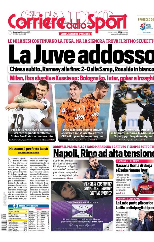 Prima Pagina, Corriere dello Sport: “Le milanesi corrono, la Juve ritrova il ritmo. Napoli, Gattuso alta tensione&#8221; 