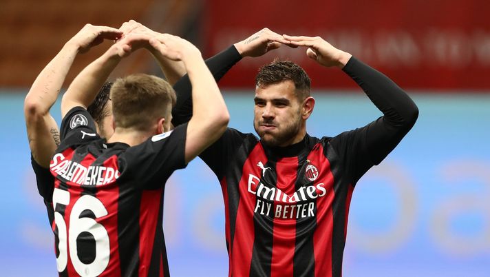MILAN, ITALY - MAY 01: Theo Hernandez of A.C. Milan celebrates with Alexis Saelemaekers after scoring their side's second goal during the Serie A match between AC Milan and Benevento Calcio at Stadio Giuseppe Meazza on May 01, 2021 in Milan, Italy. Sporting stadiums around Italy remain under strict restrictions due to the Coronavirus Pandemic as Government social distancing laws prohibit fans inside venues resulting in games being played behind closed doors. (Photo by Marco Luzzani/Getty Images) Theo Hernandez Alexis Saelemaekers Milan Benevento
