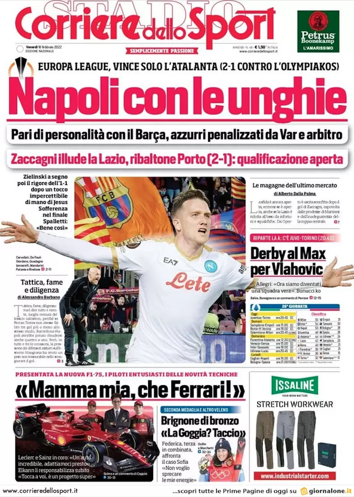 Prima Pagina, Corriere dello Sport: “Napoli con le unghie. Zaccagni illude la Lazio”  Prima Pagina