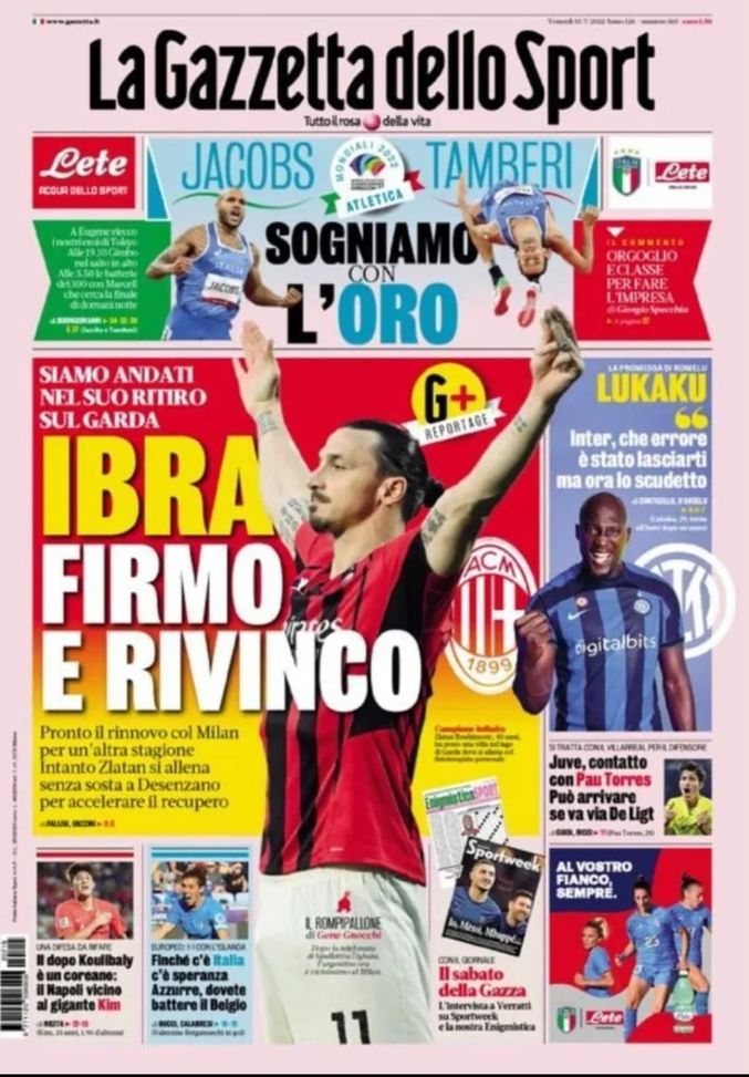 Prima pagina Gazzetta dello Sport 15/07/2022