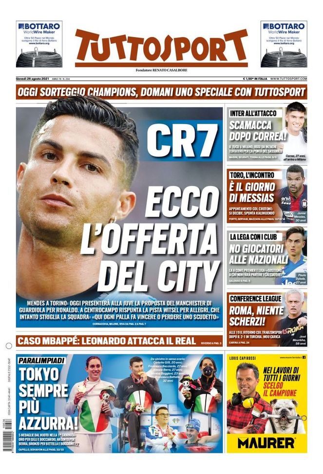 Prima Pagina, Tuttosport: “CR7, ecco l’offerta del City. Mendes a Torino” Prima Pagina, Tuttosport: “CR7, ecco l’offerta del City. Mendes a Torino”