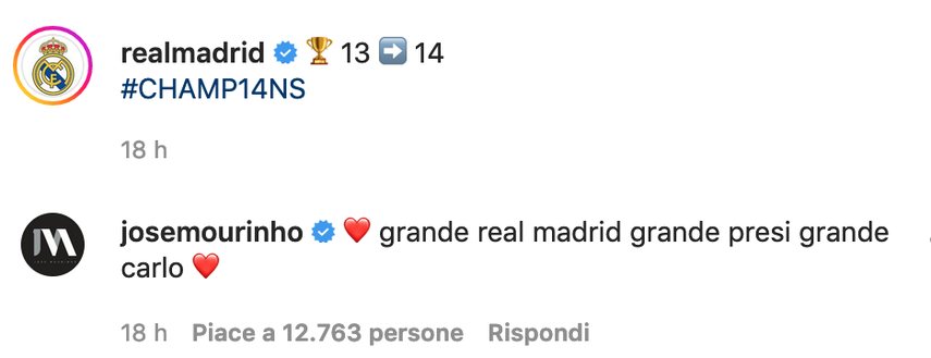 Mourinho festeggia la Champions del Madrid: “Grande Real, grande Carlo”- immagine 2
