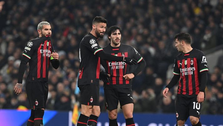 Theo Hernandez, Giroud, Tonali e Brahim Diaz in Tottenham-Milan (getty images)
