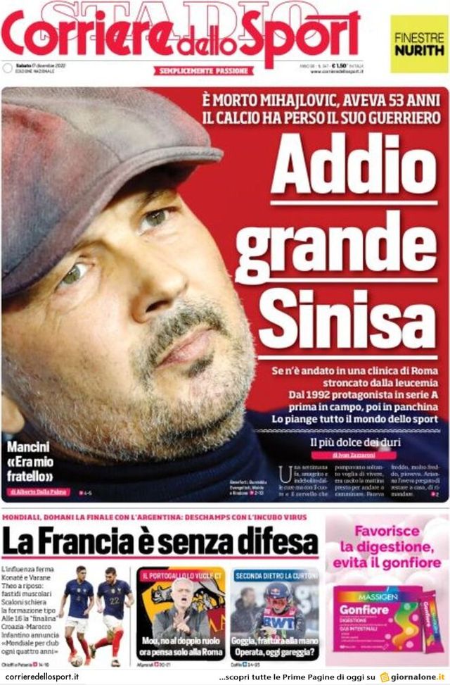 Prima pagina Corriere dello Sport 17/12/2022
