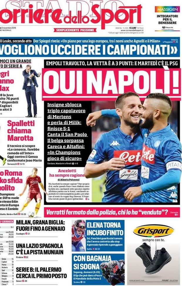 Prima Pagina, Corriere dello Sport: “Oui Napolì. Allegri, un anno al Max. Il Palermo cerca il primo posto…” Prima Pagina, Corriere dello Sport: “Oui Napolì. Allegri, un anno al Max. Il Palermo cerca il primo posto…”