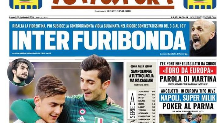 Prima Pagina, Tuttosport: “Juve vitamina D. Inter furibonda. Napoli, super Milik. Sarri appeso a un filo…” Prima Pagina, Tuttosport: “Juve vitamina D. Inter furibonda. Napoli, super Milik. Sarri appeso a un filo…”