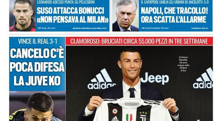 Prima Pagina, Tuttosport: “CR7 vende due maglie al minuto. Suso attacca Bonucci. Napoli, che tracollo! Deliro per Martinez…” 