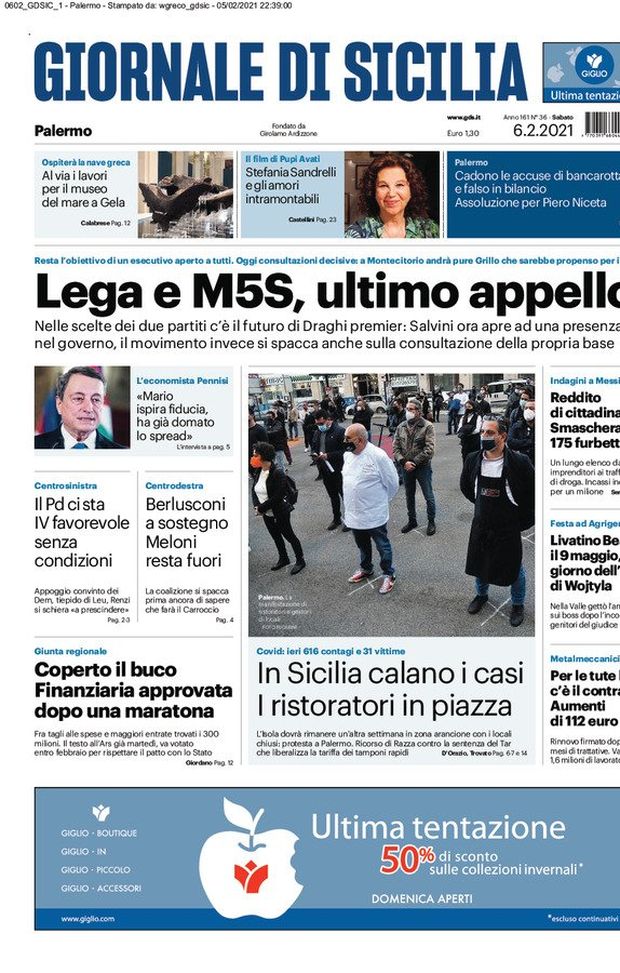 Prima Pagina, Giornale di Sicilia: “Lega e M5S, ultimo appello. In Sicilia calano i casi”  Prima Pagina, Giornale di Sicilia: “Lega e M5S, ultimo appello. In Sicilia calano i casi”