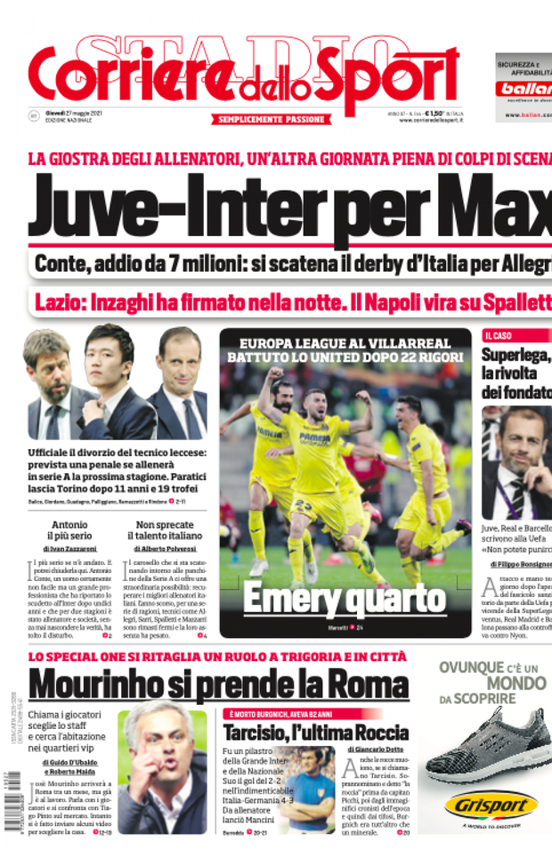 Prima Pagina, Corriere dello Sport: “Juve-Inter per Max. Il Napoli vira su Spalletti. Mourinho si prende la Roma” 