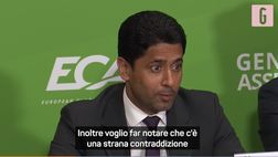 VIDEO PSG, Al-Khelaifi punge Juventus, Real e Barça: “Superlega? La vogliono in tre!”