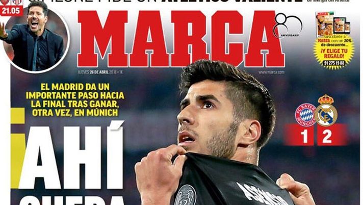 Prima Pagina, Marca: &#8220;Lì c&#8217;è lui! Zidane: &#8216;Abbiamo saputo soffrire&#8217;. Salah, il nuovo faraone d&#8217;Europa. Simeone chiede un Atletico coraggioso contro l&#8217;Arsenal&#8230;&#8221; 