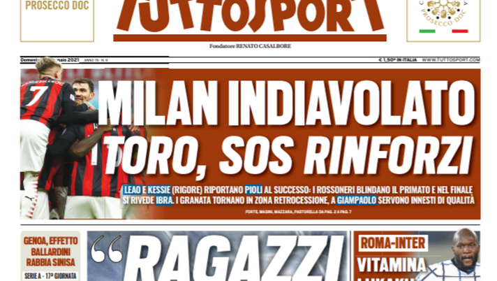 Prima Pagina, Tuttosport: &#8220;Milan indiavolato! Juve, niente scherzi. Toro, sos rinforzi&#8221; 